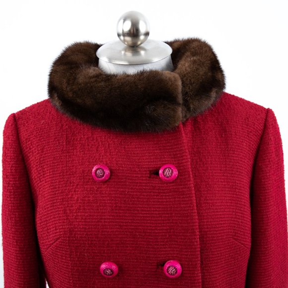 SOLD Vintage 50s M Mink Collar Princess Coat Midi Red - Picture 2 of 13